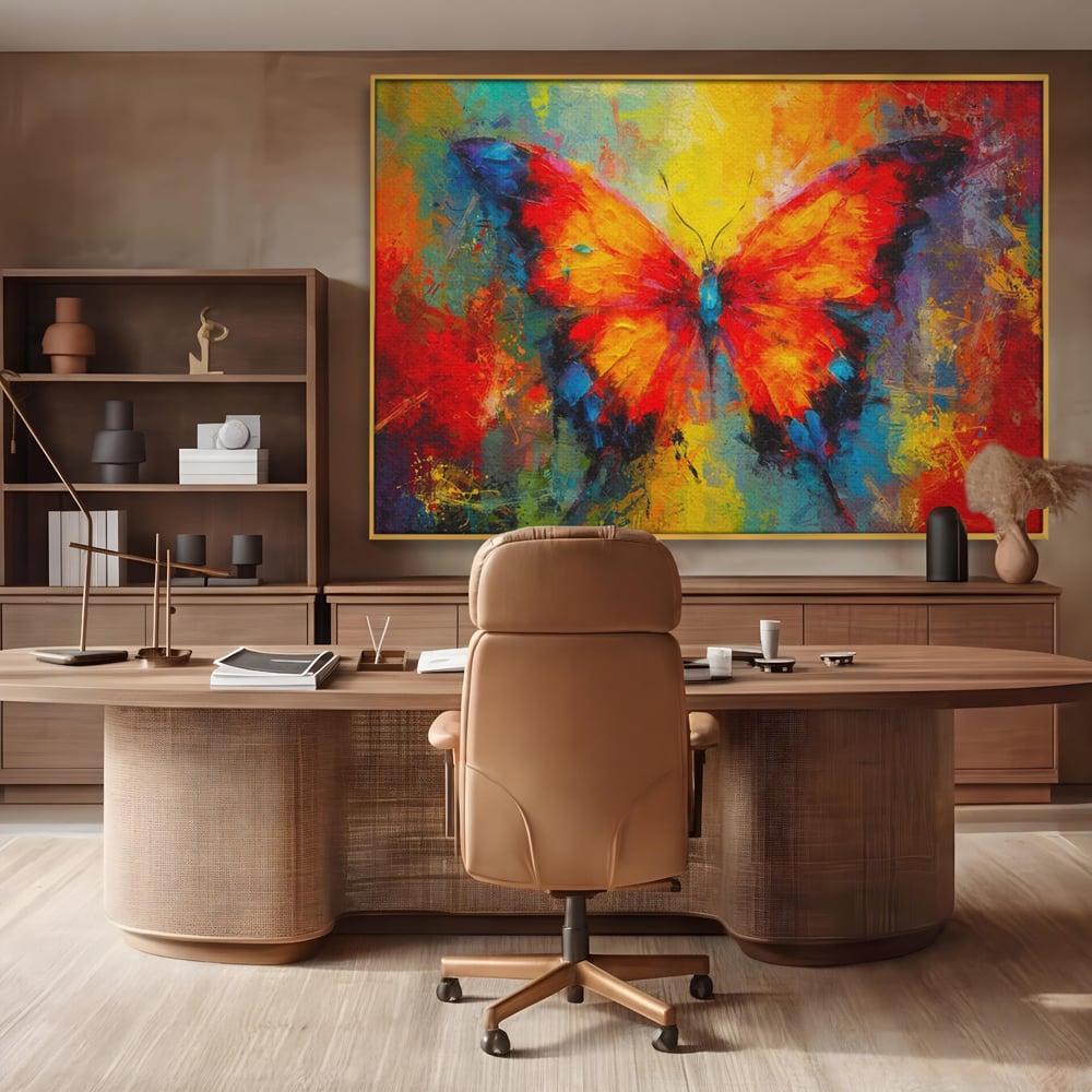 Tablou canvas cu pictura orizontala cu fluture colorat, in rama de aluminiu auriu, pe perete intr-un birou